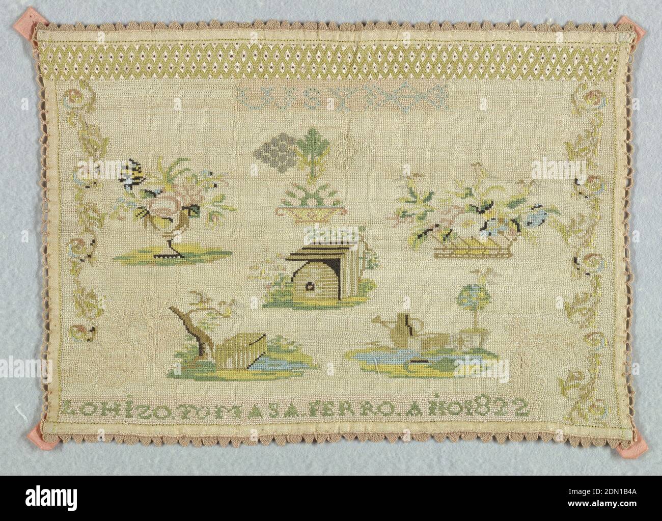 Sampler, Tomasa Ferro, Medium: silk embroidery, linen foundation Technique: eyelet, needle lace, cross and running stitches on plain weave, Detached motifs including landscapes and floral forms with the letters W.S.Y and a band of eyelets. Edged with needlepoint lace stitches., Spain, 1822, embroidery & stitching, Sampler Stock Photo