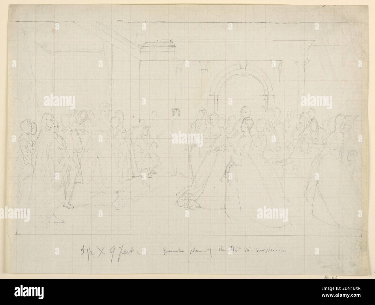 General Plan for 'The Republican Court' (Lady Washington's Reception Day), Daniel Huntington, American, 1816–1906, Graphite on grey wove graph paper, Sketch on graph paper of the overall arrangement of figures for a painting of Martha Washington's reception. Mrs. Washington is on a dias, at left, as figures approach from the right., USA, 1860, figures, Drawing Stock Photo