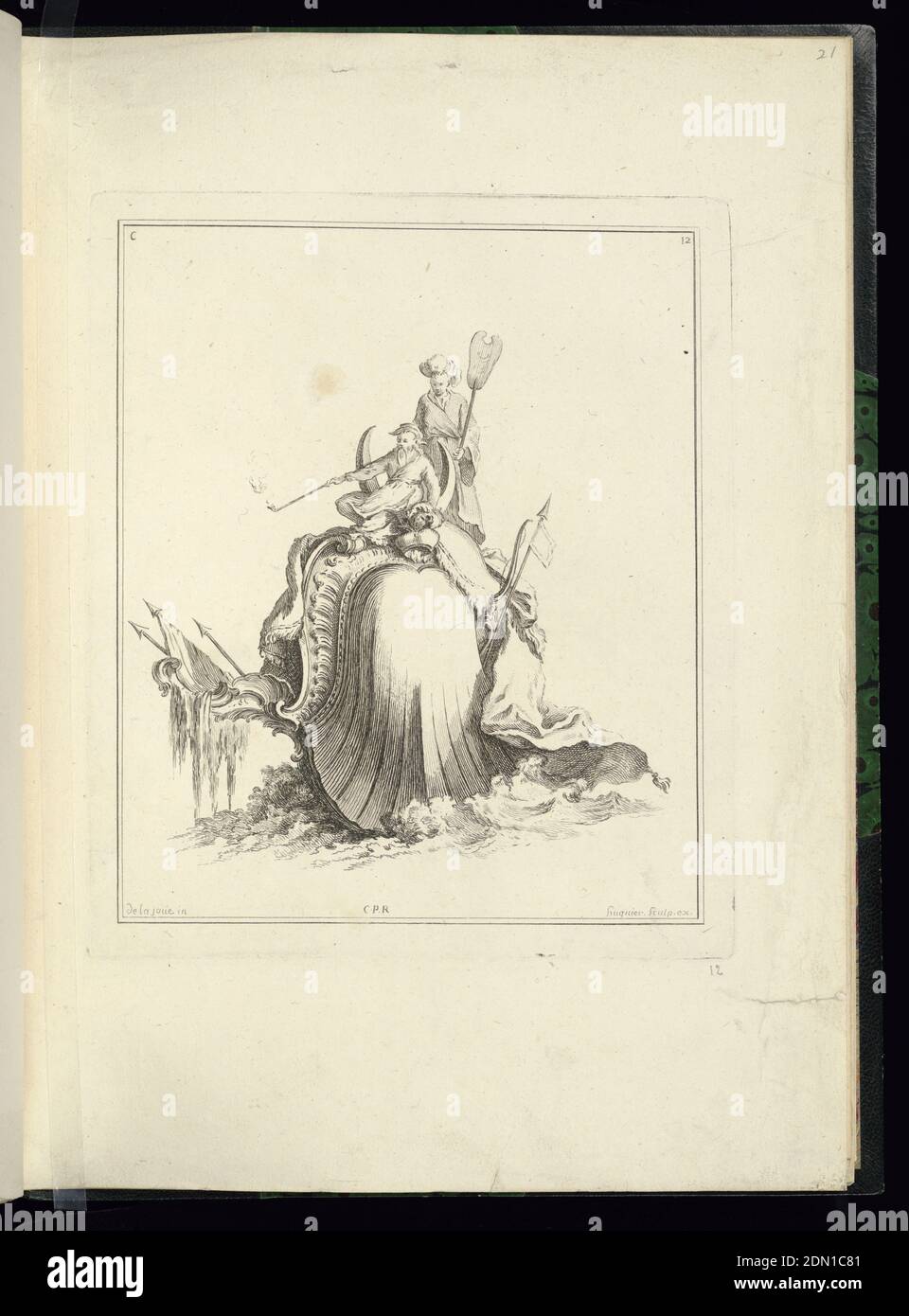 Design for a Cartouche Representing the Country of China, Jacques de Lajoüe, French, 1687–1761, Gabriel Huquier, French, 1695–1772, Engraving on white laid paper, Cartouche composed of a shell in reverse. Perched atop the shell, a Chinese woman holding a paddle and a Chinese man framed by animal horns and holding a long-handled pipe. A bow and arrow at right. The arrangement humorously refers to a lumbering, slow-moving 'dromedary,' or the lack of progress of China in comparison to France., France, 1740, ornament, Print Stock Photo