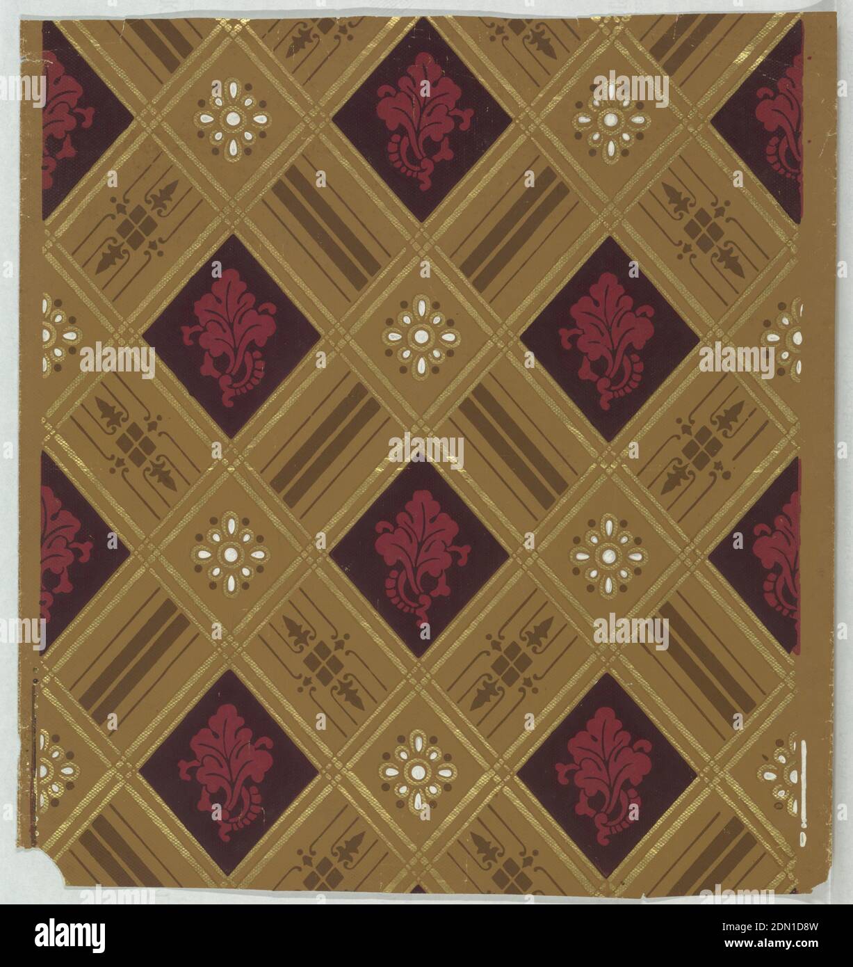 Sidewall, Machine-printed on continuous paper, On patterned tan ground, diagonal metallic gold trellis frames alternating stylized red cabbage leaf on black ground and metallic gold and shiny white stylized flower., 1875–90, Wallcoverings, Sidewall Stock Photo