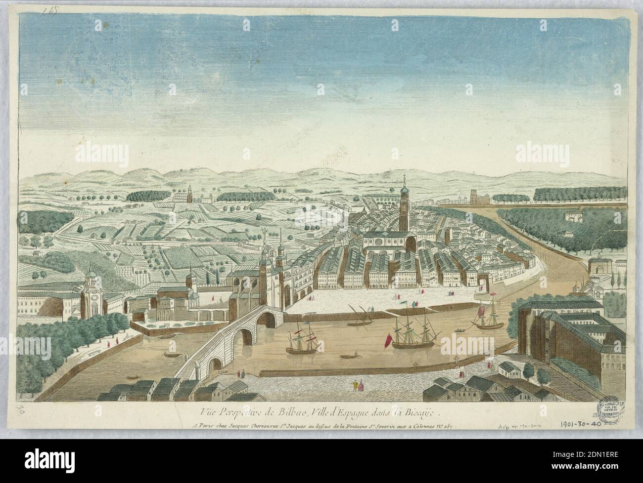Peep-show, Vuë Perspective de Bilbao, Ville d'Espagne dans la Biscaye, Engraving in ink with washes of watercolor on paper, mounted on scrapbook page, Peep-show print, France, ca. 1750, Print Stock Photo