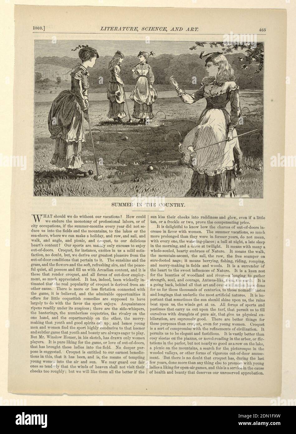 Summer in the Country, Winslow Homer, American, 1836–1910, John Karst, German, active in U.S., 1836 - 1922, Appleton's Journal of Literature, Science and Art, D. Appleton and Company, New York, NY, D. Appleton and Company, New York, Wood engraving in black ink on paper, Four ladies playing croquet. In the right foreground, a young lady appears to be looking at her nails on her right hand, while the girl on the left rests her foot on a croquet ball and looks at the two other girls in the background., USA, July 10, 1869, figures, Print Stock Photo