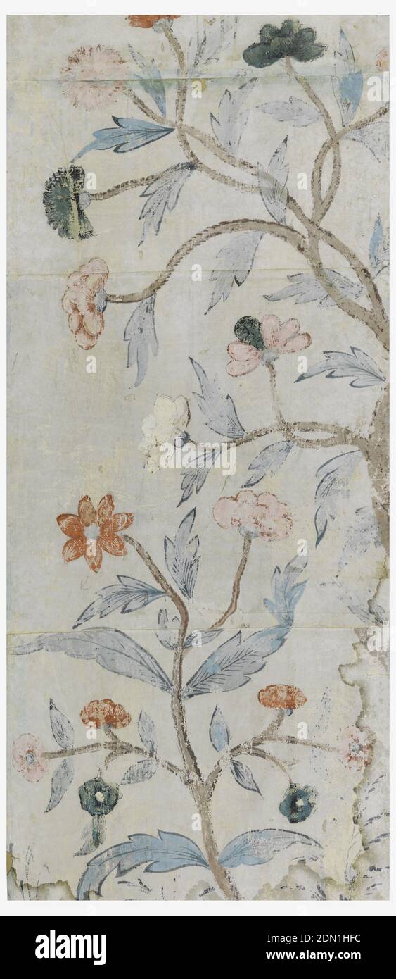 Sidewall, Hand-painted on handmade paper, Vertical rectangle with branches of a flowering plant derived from the Indian Tree of Life; painted on four joined sheets of paper., France, 19th century, Wallcoverings, Sidewall Stock Photo