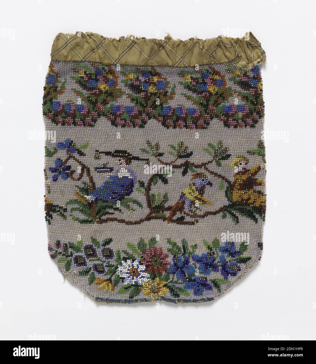 Purse (tobacco pouch), Medium: silk, glass and metal beads Technique: knitted in crossed stockinette stitch, Silk strung with glass and metal beads. Worked as a tube beginning at bottom., Germany, 1815–40, costume & accessories, Purse (tobacco pouch Stock Photo
