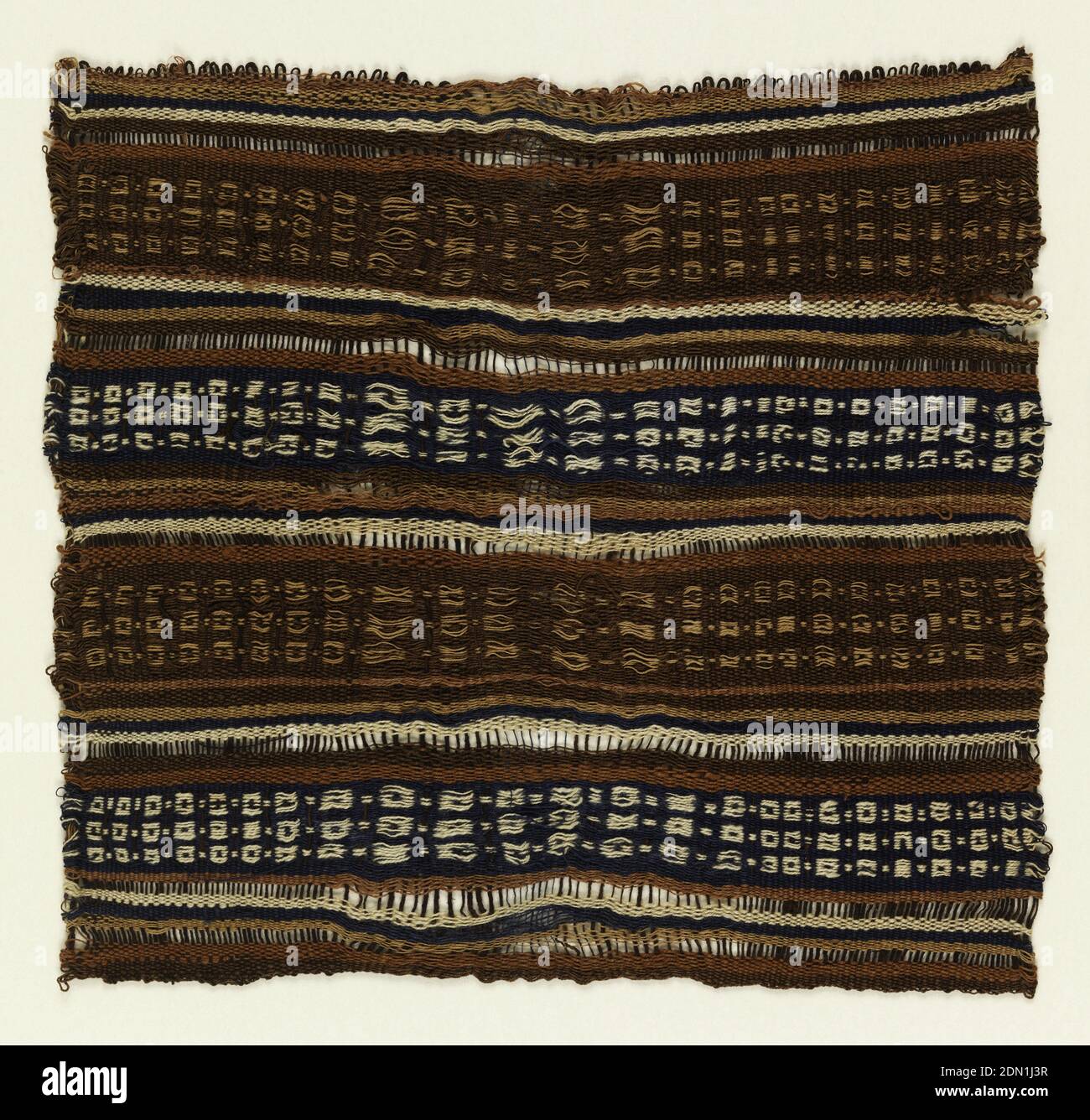 Fragment, Medium: cotton, wool Technique: warp-faced plain weave patterned by warp floats and stripes, Horizontal bands wide and narrow. Wide bands are warp-patterned in a light color on either blue or brown background. Other colors are tan and dark red. Fragment probably from a bag., Peru, 1000–1450, woven textiles, Fragment Stock Photo