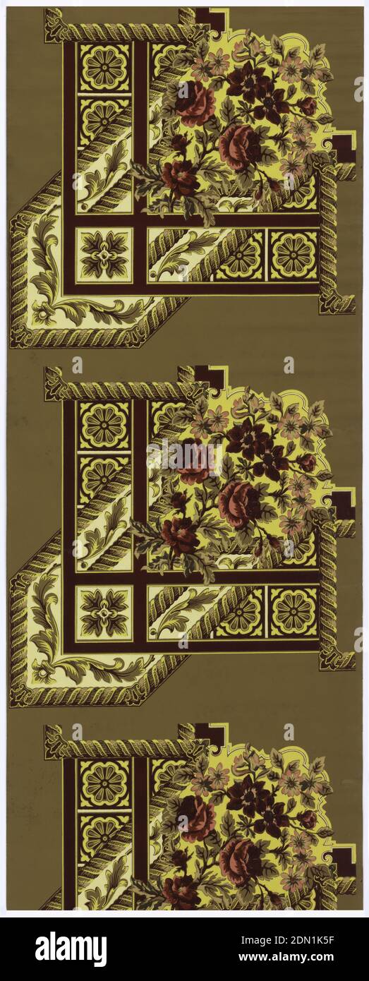 Ceiling border, Machine-printed paper, Roses and other flowers set within cable molding framework. Printed in reds, pink and yellow on deep tan ground. Ceiling border corner., USA, 1880–90, Wallcoverings, Ceiling border Stock Photo