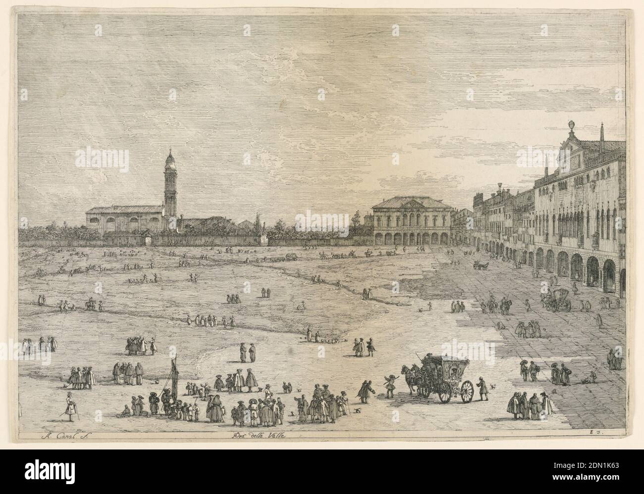 Prà della Valle (Prato della Valle, Padua), from the Vedute altre prese da i luoghi altre ideate, Canaletto, Italian, 1697 - 1768, Etching on paper, Venezia, Italy, ca. 1752-55, Print Stock Photo
