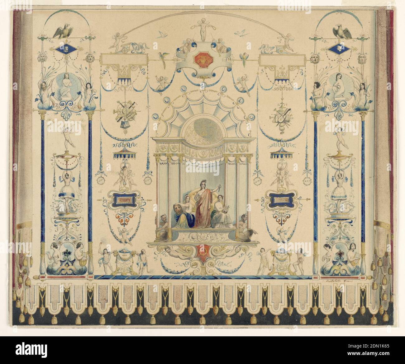 Design for a Theater Curtain, V. Bertolotti, active 1850–1860, Pen and black, blue ink, brush and watercolor, gouache, gold paint, graphite on wove paper, Horizontal format. Designs in the grotesque style. An exedra forms the central motif in which a woman with a dagger, probably 'Tragedy,' stands between two seated women; the left one holds a bloody bearded head, the right one plays a lyre. Two satyrs crouch at the outside., Italy, mid-19th century, theater, Drawing Stock Photo