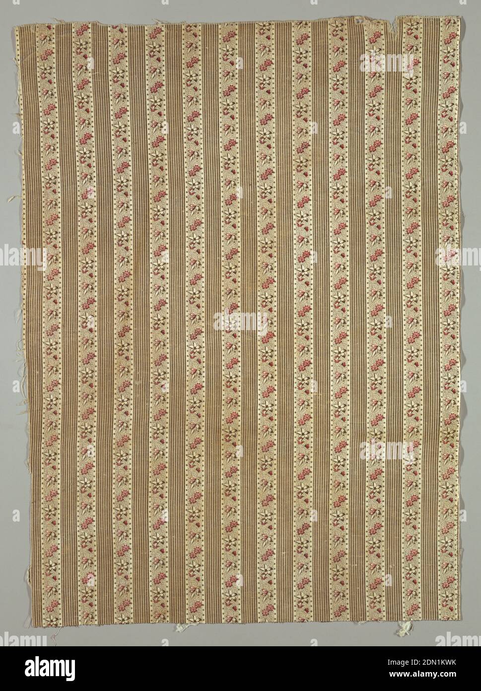 Samples, Medium: cotton Technique: printed, Four samples patterned by alternate stripes of the following: narrow brown stripes, herringbone stripes and stripes of flowers and leaves of brown and red on a vermicular ground edged with very small brown flowers., England or USA, 19th century, printed, dyed & painted textiles, Samples Stock Photo