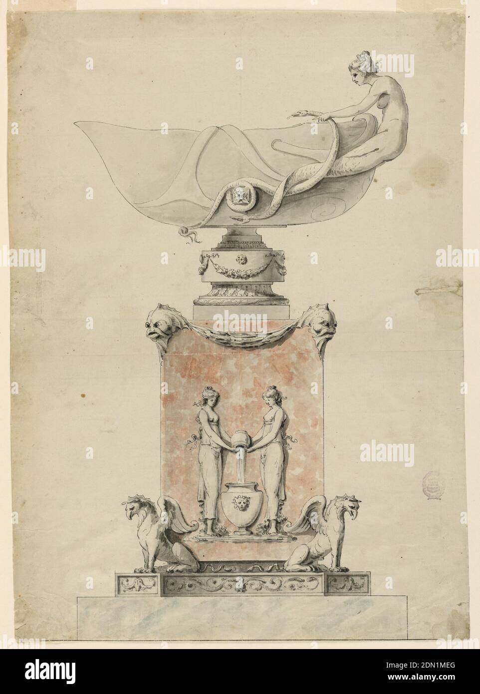 Design for a Pedestal and a Bowl, Intended for Execution in White and Rose Marbles for Marie Antoinette at St. Cloud, Unknown, Pen and Chinese ink, brush and grey and rose watercolor, black ink on paper, The pedestal stands upon a base. It is supported at the corners by obliquely disposed griffins. A relief at its front shows two girls pouring water from a jar into an urn. Dolphin masks support festoons above. The bowl has a foot. One side of it is pointed, a mermaid is shown at the opposite one holding snakes., France, 1780–1785, Drawing Stock Photo