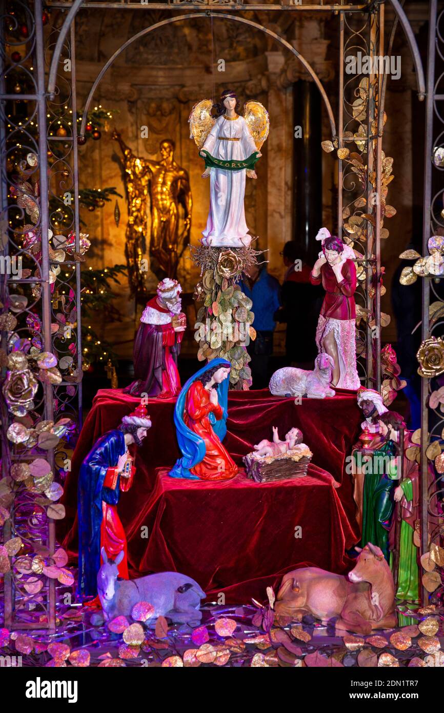 UK, England, Derbyshire, Edensor, Chatsworth House Chapel at Christmas, Lands Far Away, Spain, Nativity scene Stock Photo