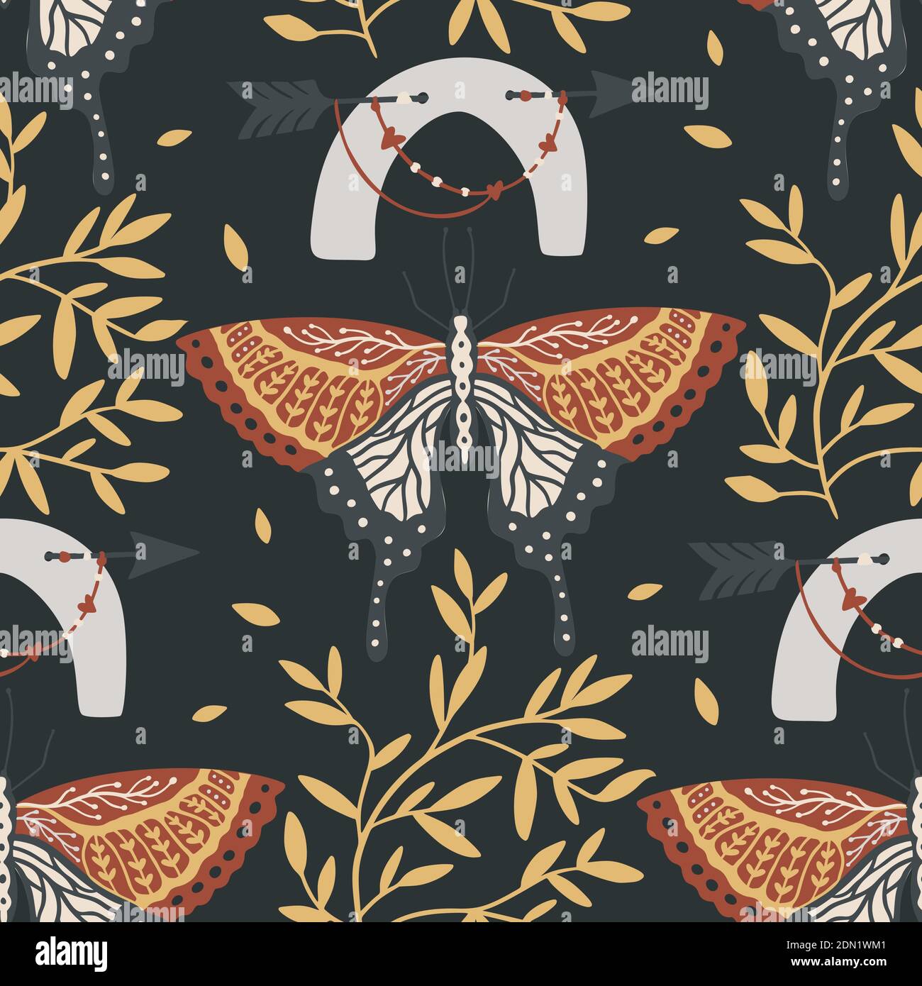 Boho butterfly vector pattern. Moth seamless bohemian background with ...