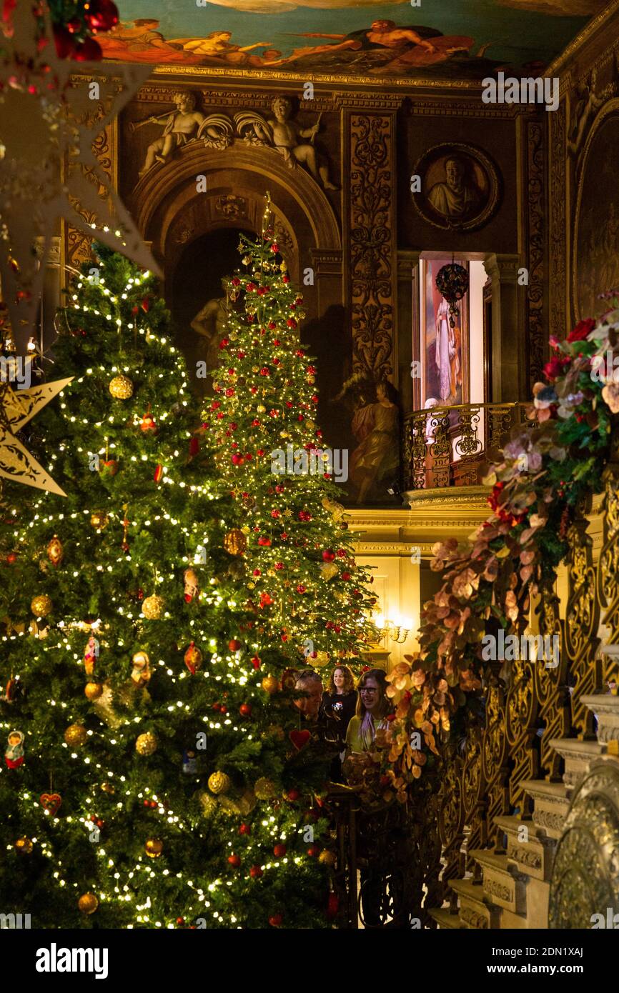 UK, England, Derbyshire, Edensor, Christmas trees in Chatsworth House, Painted Hall, Lands Far Away, Russia, Stock Photo