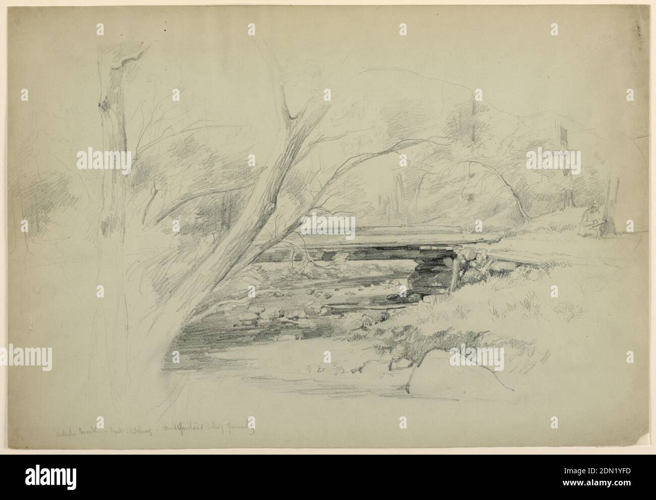 Artist's Brook, Hoit Sketching, Mosquitoes Biting Furiously, Daniel Huntington, American, 1816–1906, Graphite on grey-green paper, Grassy bank at right with artist sketching under a tree. Stream with wooden bridge, center, and tree at left., USA, 1852–62, landscapes, Drawing Stock Photo