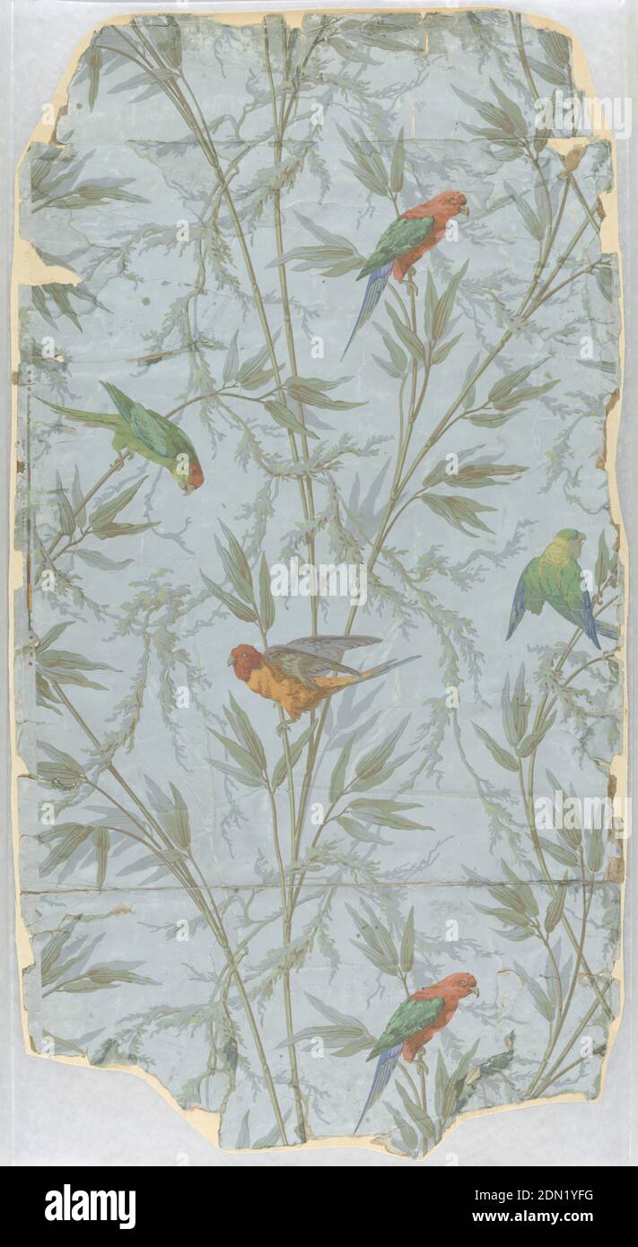Sidewall, Block-printed paper, On blue-gray ground, network of bamboo, foliage with bright red, orange, green, blue parrot-like birds., France, England, 1840–1860, Wallcoverings, Sidewall Stock Photo