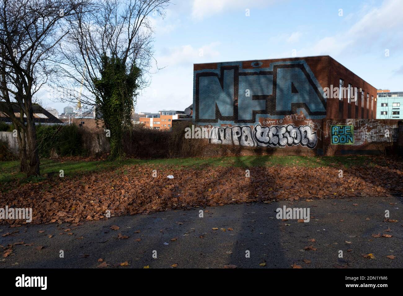 Large NFA graffiti crew letters sprayed on a wall in the inner city area of Highgate on 14th December 2020 in Birmingham, United Kingdom. This is a common signt in Birmingham, with the letters standing for expletive Not F-ing Around. Stock Photo