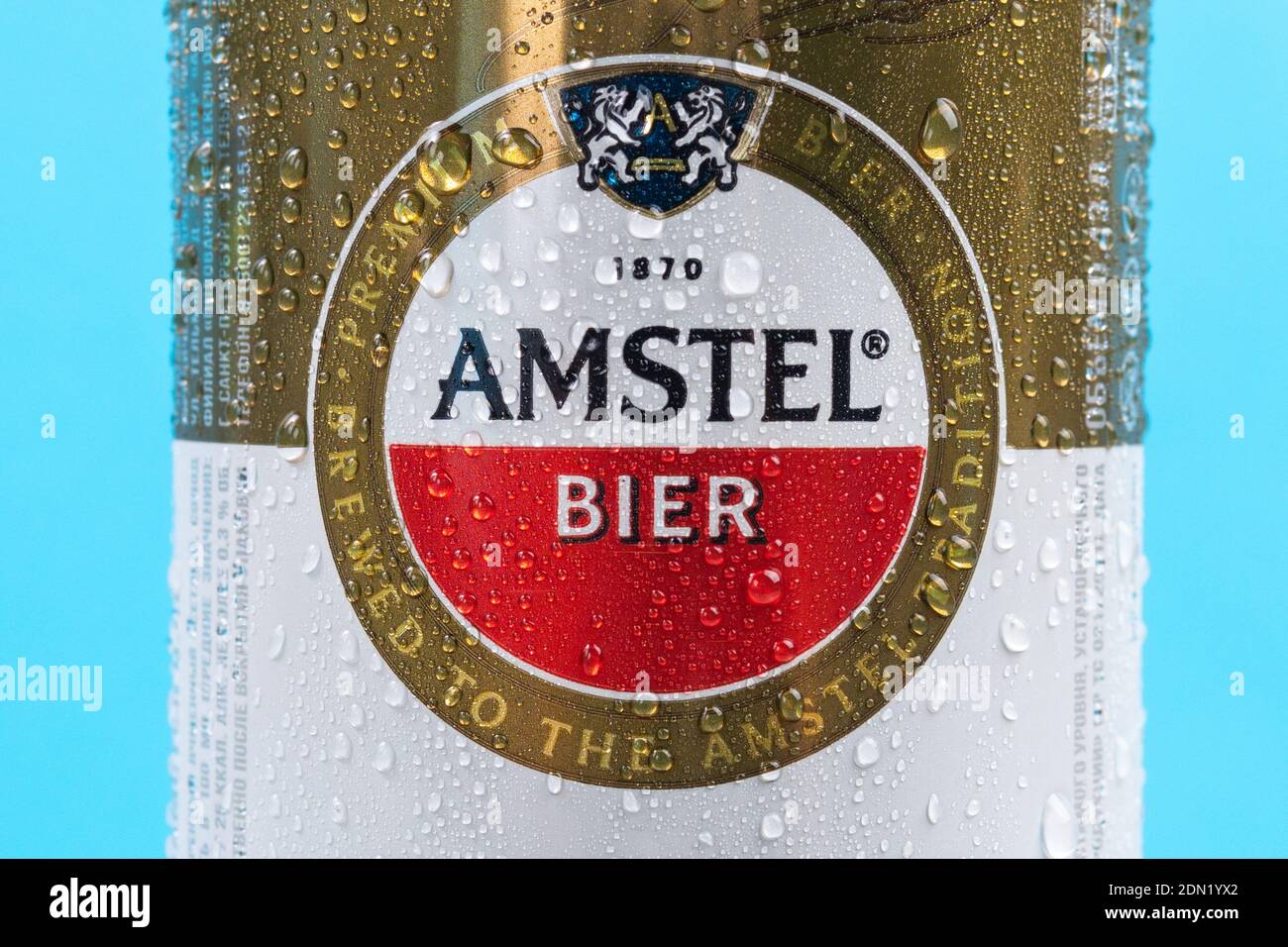 Tyumen, Russia-December 10, 2020: Amstel premium pilsener beer can logo of non-alcoholic beer close-up. selective focus Stock Photo