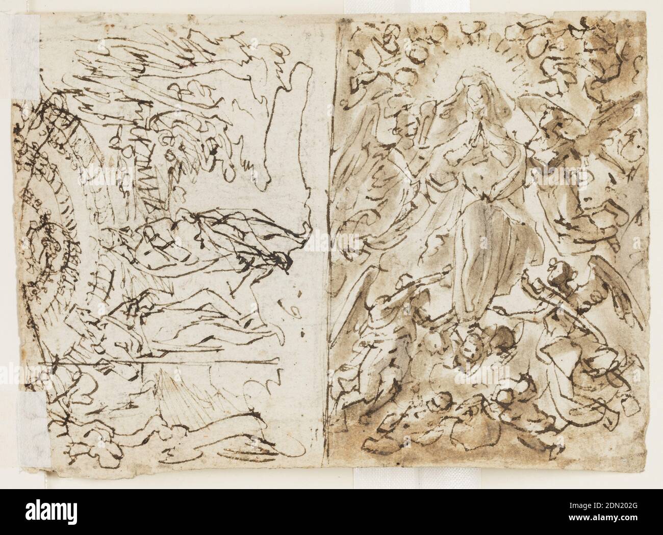 Recto: Medieval Crucifix; Verso: Baptism of Christ from the Life of St. John the Baptist (left); Assumption of the Virgin (right), Jan van der Straet, called Stradanus, Flemish, 1523–1605, Pen and brown ink, brush and brown wash on laid paper, Vertical rectangle. Verso: Crucifix in the Romanesque scheme shoes a projected elongation of the arms with the figures of the Virgin and St. John up to the very cross-arms and an interchange of the places of the two figures. Inscription in the upper left corner: 'Pianeta pezze 8...(?) in 4 Romani pezze 6 gia 3 (or 5)/ Santa Maria.' Verso, top. Stock Photo