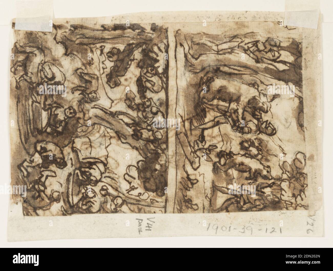 Recto: Bull hunt with Lassos; Verso, above: Bear hunt by Men in Armor; Verso, below: Hunting Monkeys by Deception; all preliminary designs for the Venationes series, Jan van der Straet, called Stradanus, Flemish, 1523–1605, Pen and brown ink, brush and brown wash on paper., Recto: Men on horseback lasso bulls with long poles and ropes. Reverse, upper right: men in armor attacked by bears. Bottom: monkeys washing themselves in basin. In the background, humans washing themselves in a similar way, Netherlands, 1596 or before, Drawing Stock Photo