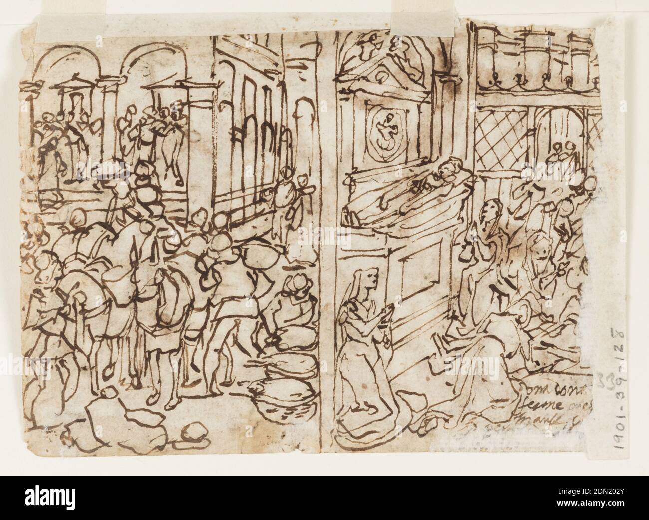 Recto: Deer Hunt with Nets. Verso, left: Saint Giovanni Gualberto and a miraculous provision of food at Vallombrosa; Verso, right: The miraculous healing of Adalassia by Saint Giovanni Gualberto, Jan van der Straet, called Stradanus, Flemish, 1523–1605, Pen and ink, brush and bistre wash on paper, Observe: Hunters, on horseback, accompanied by their hounds, have forced the two stags into a trap consisting of a net which has been stretched across a wide area, from lower left to upper right. Handwriting, inscription, upper right. Reverse: Two scenes., Netherlands, 1590–1599, figures, Drawing Stock Photo