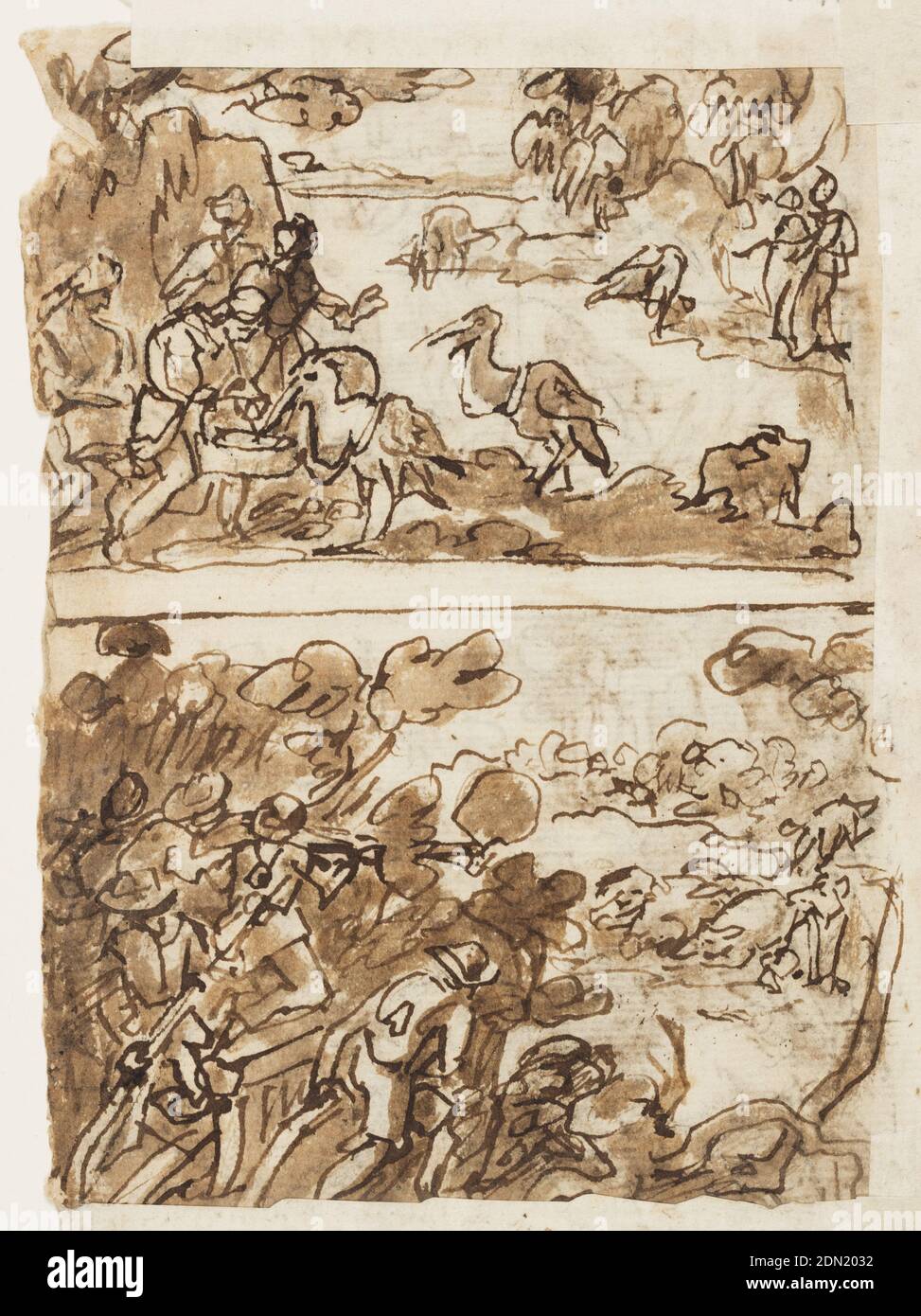 Four Preliminary Designs for the Venetiones Series: Recto, above: Fishing for Tuna; Recto, below: Hunting crocodile with a Pig as Bait; Verso, above: Indians catching fish with the help of pelicans; Verso, below: Boar hunt with Shotguns;, Jan van der Straet, called Stradanus, Flemish, 1523–1605, Pen and ink, brush and brown wash on paper, Vertical rectangle. Obverse: Two scenes - top, Fishing. Men in open tuna fishing boats have caught fish in large nets; below, alligator hunt. Pigs used as bait. Hunters at left. Reverse: two scenes, top - fishing, using pelicans Stock Photo