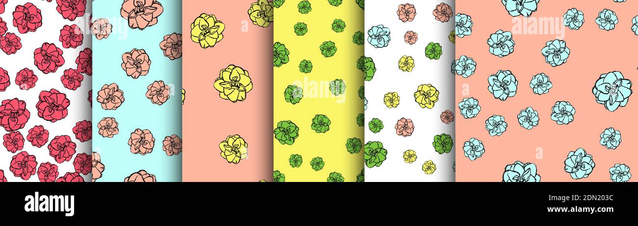 Set of Hand drawn flower seamless pattern background. Vector ...
