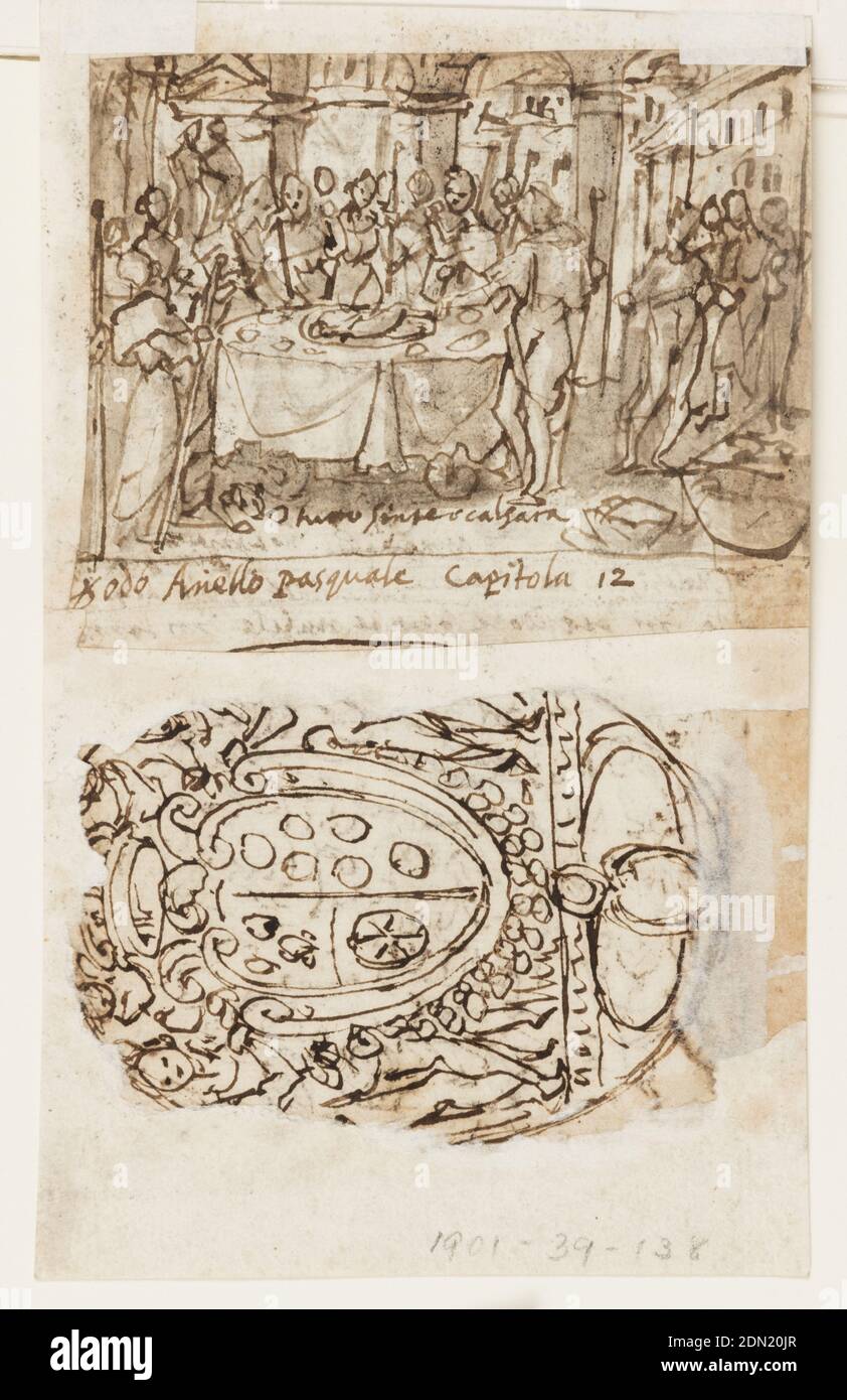 Recto, above: Melchizedek bringing bread and wine to Abraham (Genesis 14:18-20); Recto, below: Unicorn hunt in India Verso, above: Sacrifice of the Pascal Lamb (Exodus 12:11-12); Verso, below: Medici Coat of Arms, Jan van der Straet, called Stradanus, Flemish, 1523–1605, Pen and ink over black chalk, brush and brown wash on laid paper, Vertical rectangle. Obverse: top - Scene from Genesis XIV: 'And Melchizedek King of Salem brought fourth bread and wine...' King stands at left accompanied by servants carrying bread and wine. Abram and his brethren kneel before him, right. Stock Photo
