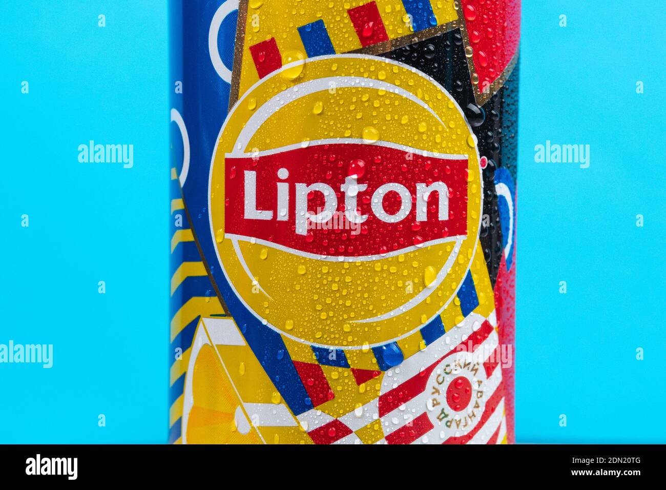 Tyumen, RussiaDecember 10, 2020 Lipton logo carbonated drink in