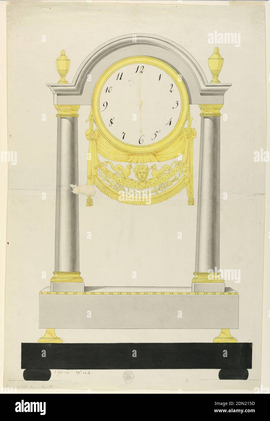 Design for Clock, Lefebvre Manufactory, Tournai, Graphite, pen and brown ink, brush and yellow, grey, black and brown-red watercolor on cream laid paper, Dial suspended underneath classic arch, supported by four columns, a vase atop each column. Drapery and a head framed by two griffins hang below the dial. An integrated base with tapered knobs rests upon a black base with cushion feet., Inscription:, Pen and brown ink: 4 Colones; No. 114. /, Graphite: Presented to the Misses Hewitt, Lower Center: Cooper Union stamp #457D, Belgium, 1800–1825, timepieces & measuring devices, Drawing Stock Photo