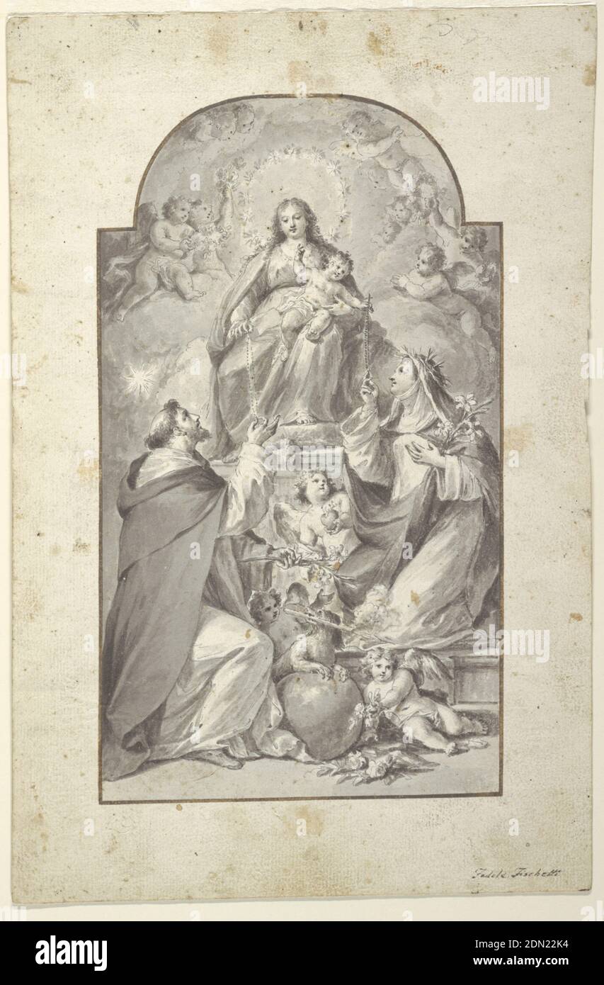 Design for an Altar Painting, Saint Dominic and Saint Catherine of Siena Receiving the Rosary from the Virgin and Child, Fedele Fischetti, Italian, 1734 - 1789, Pen and brush and black ink, gray wash on off-white laid paper, Drawn border in brown ink forms the arch at the top. The Saints kneel before a pedestal upon which the Virgin is seated with the Child in her lap. She gives a rosary to Dominic; Catherine receives hers from the Child. Angels and attributes accompany the Saints., Italy, 1760–89, figures, Drawing Stock Photo