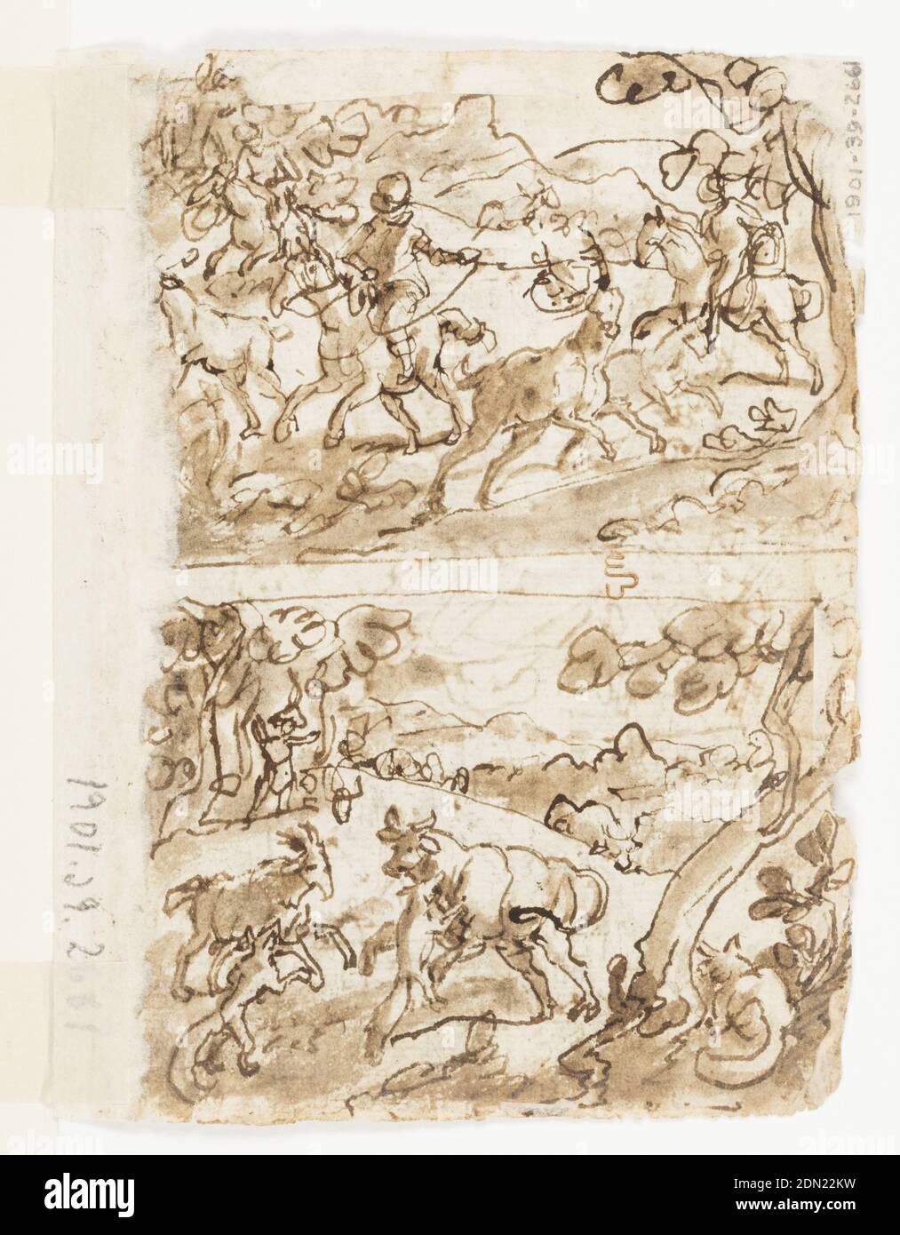 Recto: Apollo, or 'Litterae' (Allegory of the Liberal Arts), preliminary design for pl. 3 in the Schema, seu Speculum Principum (Skills of a Prince) series; Verso, above: Deer Hunt with Lassos; Verso, below: Cattle attacked by Foxes, Jan van der Straet, called Stradanus, Flemish, 1523–1605, Pen and brown ink, brush and wash on laid paper, Apollo seated under a tree with a violin. Around him are symbols of the Arts, below two buildings in theTuscan style, a formal garden and a fountain. Verso: Upper section: The hunters on horseback lasso a stag, related to 'Venationes' 31. Stock Photo