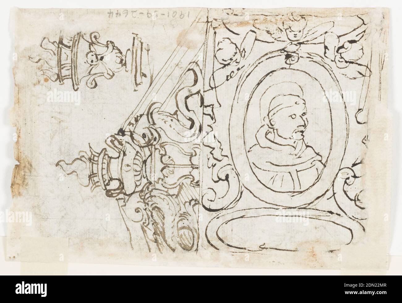 Page of a sketchbook; Heavenly powers helping pious; Sketch for potrait of saint; Decoration of pediment, Jan van der Straet, called Stradanus, Flemish, 1523–1605, Bistre, pen and ink, wash on paper, Horizontal rectangle. Verso, at left side: St. Anthony Hermit, with Tan cross and bell, stands at the right of the bed. Hell is represented in front of the bed. At left are two flying angels and a third person, fragmentary, covering the dying person. The upper one of the angels holds a scroll. Above, at right, the bands of Christ, God the Father, and Mary. The Dove flies before God the Father Stock Photo