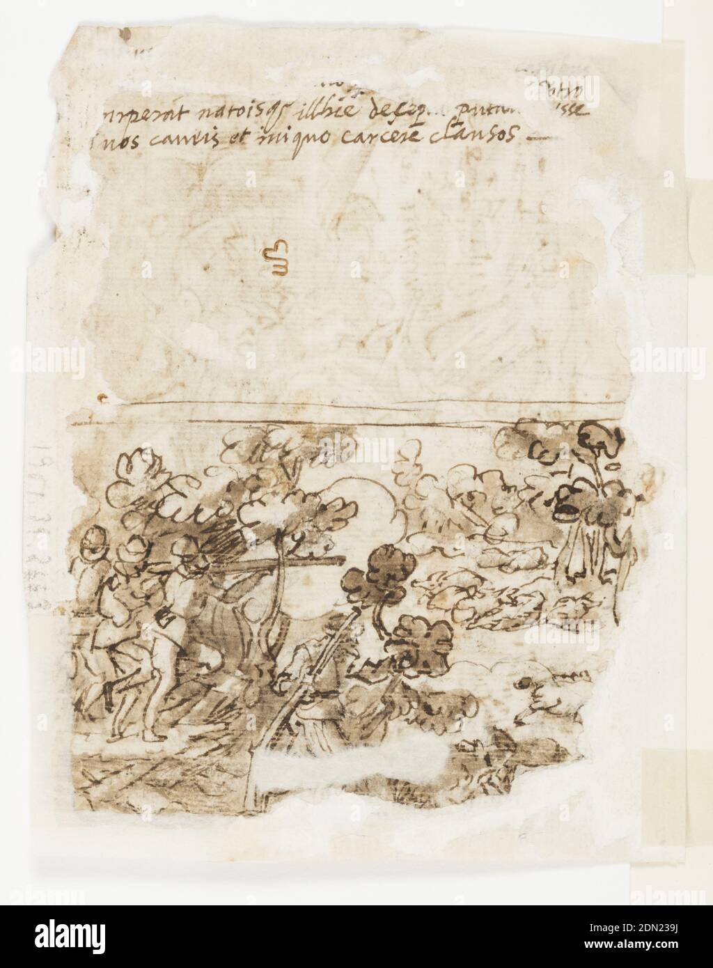 Recto: Minerva, or 'Arma' (Allegory of the Art of War), preliminary design for pl. 2 in the Schema, seu Speculum Principum (Skills of a Prince) series; Verso, above: Deer Hunt with Lassos; Below: Board Hunt with Shotguns, Jan van der Straet, called Stradanus, Flemish, 1523–1605, Pen and brown ink, brush and wash on paper, Horizontal rectangle. Minerva in Roman armor with helmet and shield with Medusa head, surrounded by canon, armor and other implements of war, right. Implements of peacetime industry and study, left. Battlefield in background, right; marketplace, left. Recto: Hunting scene Stock Photo