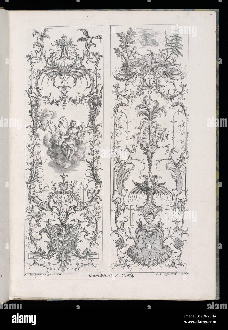 Two Upright Panels, Livre Nouveaux de Paneaux à divers usages (Book of New Panels for Various Uses), François de Cuvilliés the Elder, Belgian, active Germany, 1695 - 1768, Carl Albert von Lespilliez, German, 1723 - 1796, François de Cuvilliés the Elder, Belgian, active Germany, 1695 - 1768, Engraving on off-white laid paper, Folio 5, plate 4 of series 6. Within rectangular framing lines, two designs for upright decorative panels in Rococo style. Panel at left: ornamental cartouche with scrollwork and putti figures. Above, a group of figures upon a cloud, including a woman and two putti. Stock Photo