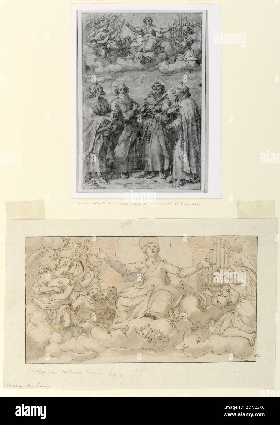 The Assumption of the Virgin, Ventura Salimbeni, Italian, 1568 - before 1613, Taddeo Zuccaro, Italian, 1529 - 1566, Red crayon, pen and ink, brush and gray wash, and sepia on paper, Horizontal rectangle. Upon Clouds. In the center is the Virgin, in a glory of rays. At left is an angel playing the lute. At right another one playing the organ; both with groups of angels. Cherubim below. Compare with drawing by [sp?] reproduced in Röhrer 'Sammlung H.S Röhrer,' Augsburg, 1928, pl. 103. Salimbeni attribution considered wrong by Philip Pouncy (verbally, March, 1958)., Italy, early 17th century Stock Photo