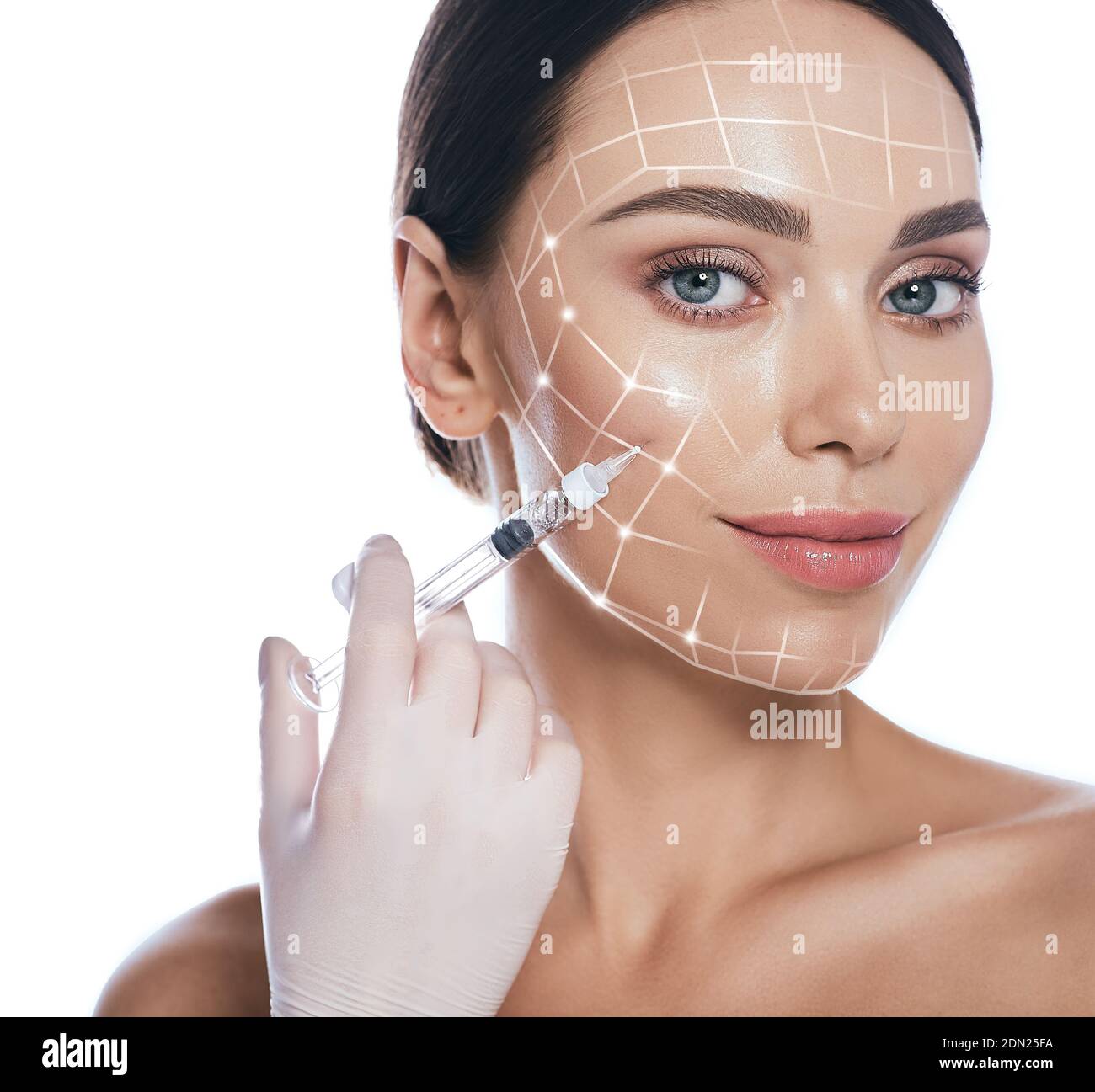 Woman face with lifting lines on skin, showing filler injections for lift skin, cheeks and chin. Anti-aging treatment Stock Photo