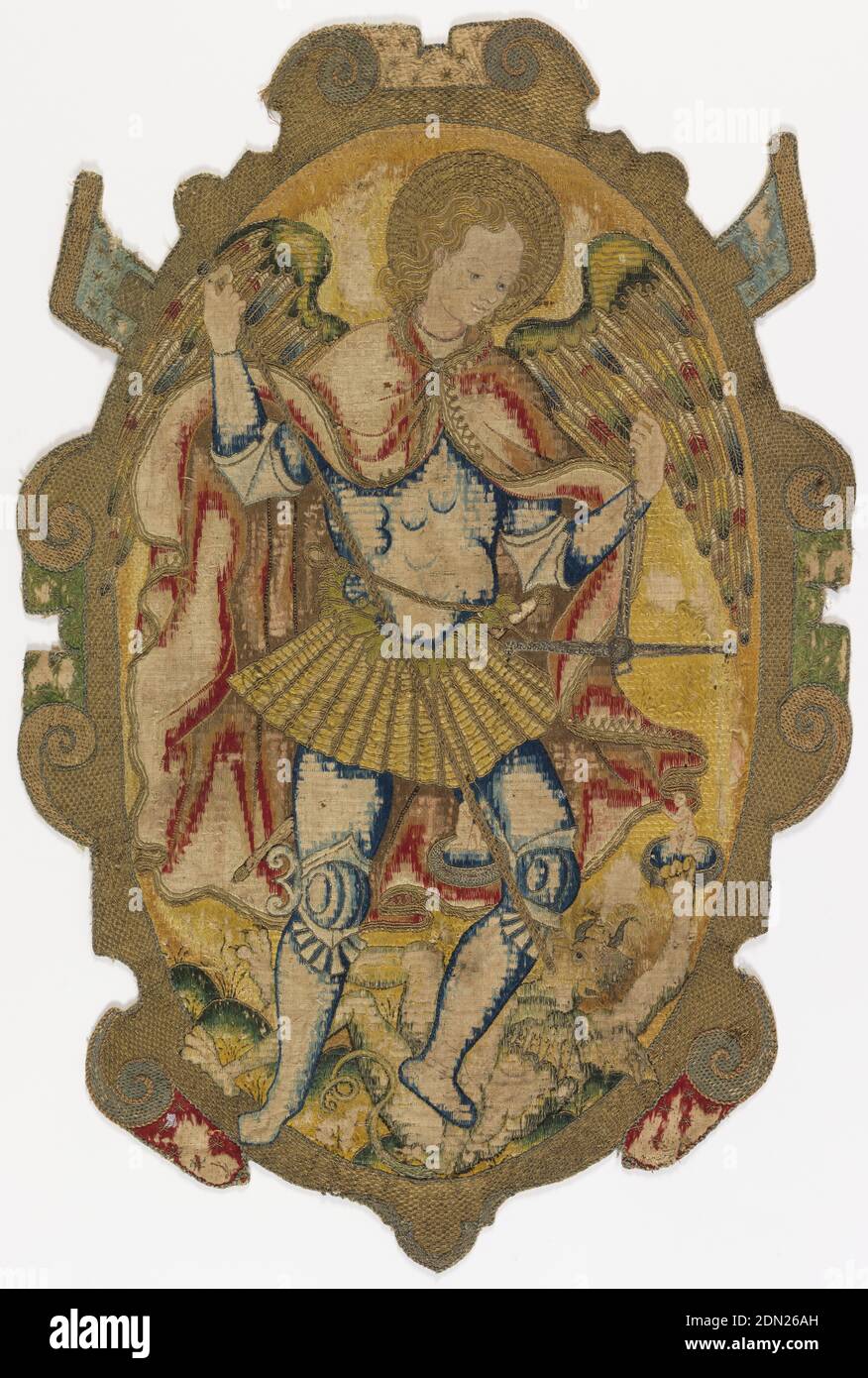 Escutcheon, Medium: silk and metallic embroidery, linen foundation Technique: embroidered on plain weave, Escutcheon with the figure of Saint Michael the Archangel slaying Satan, within an oval framework., Italy or Spain, 16th century, embroidery & stitching, Escutcheon Stock Photo