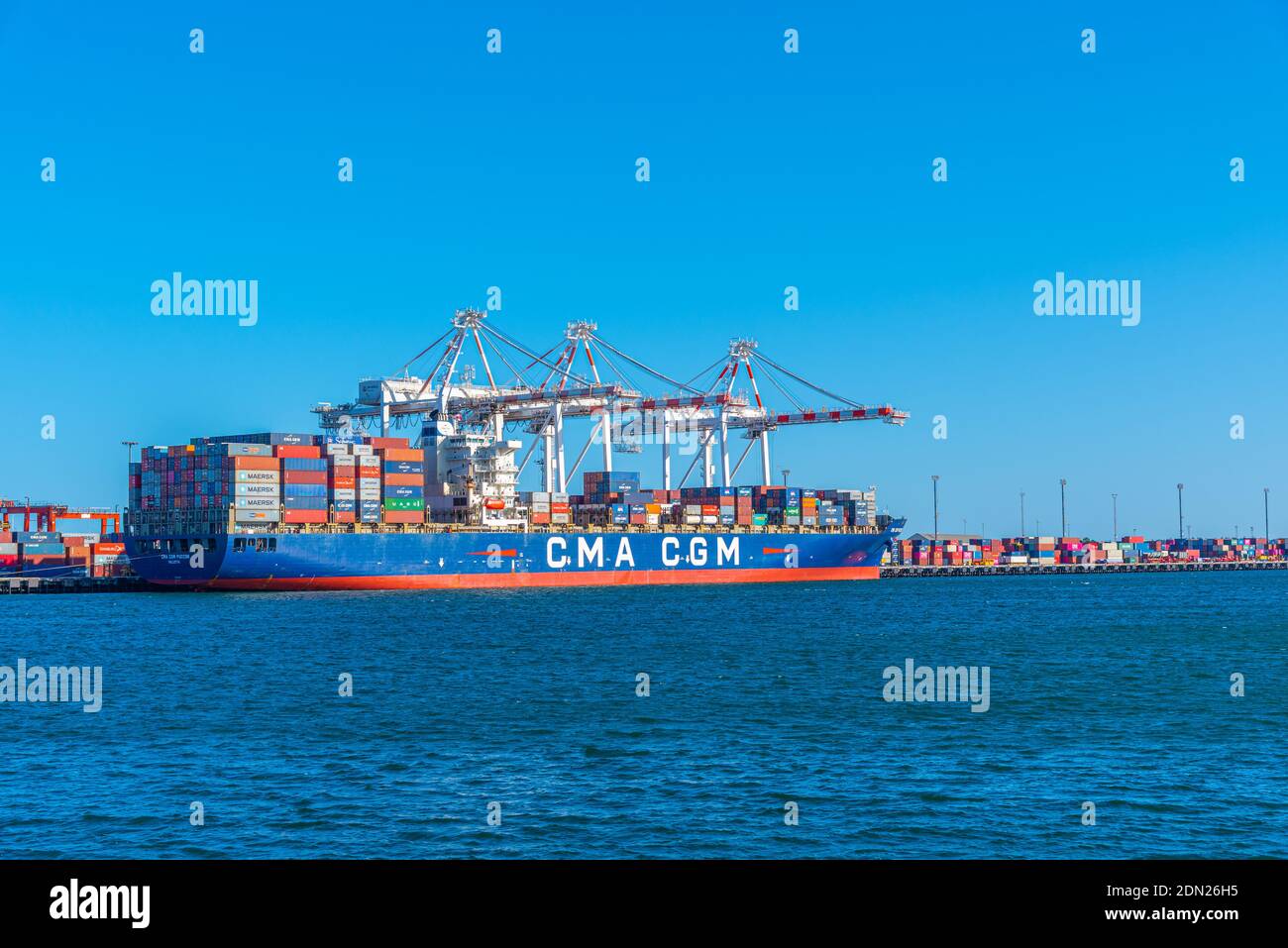 FREMANTLE, AUSTRALIA, JANUARY 19, 2020: Cargo ships at port of Fremantle in Australia Stock Photo