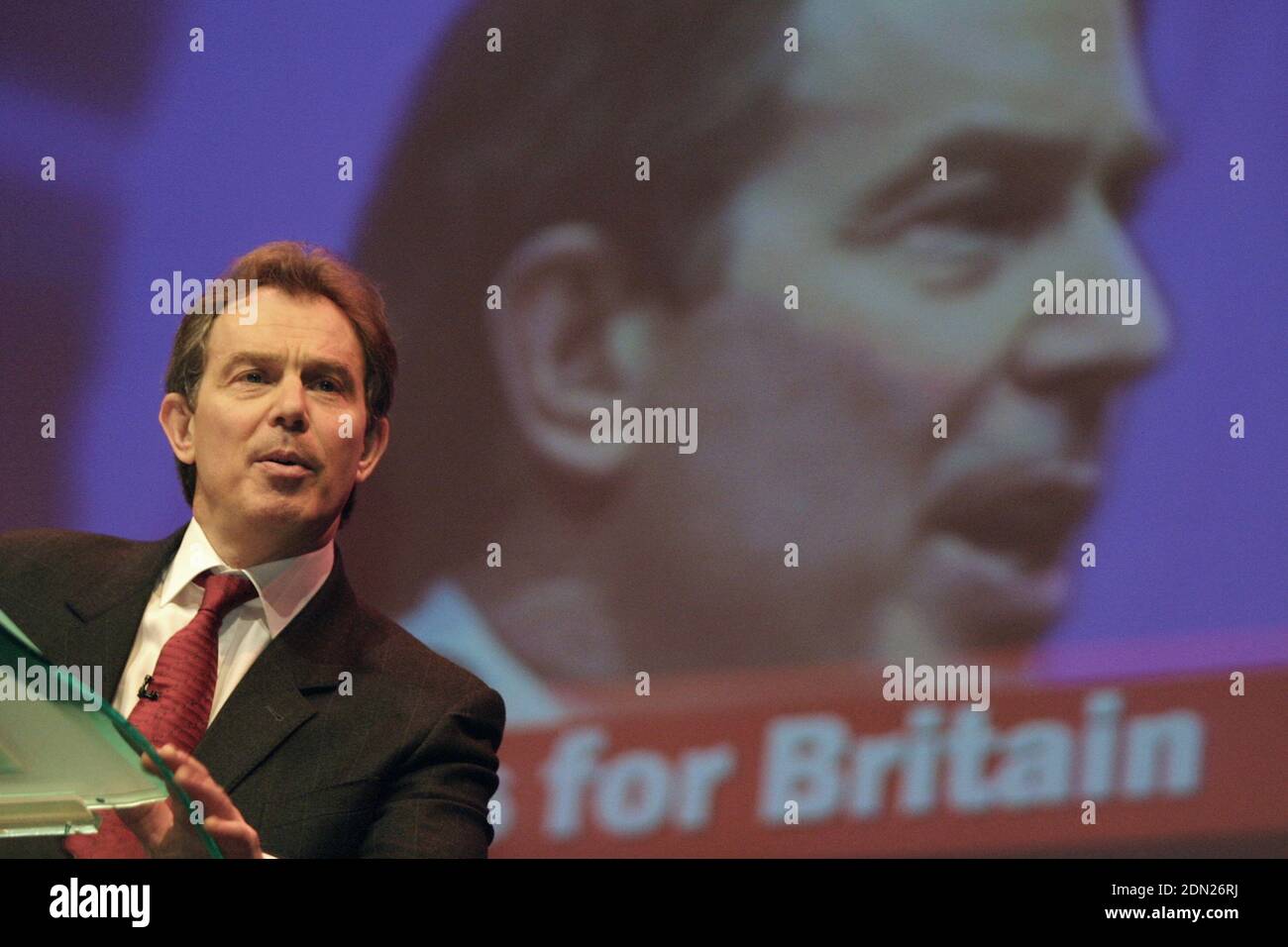 British Prime Minister Tony Blair delivering a speech to the Labour Party's spring conference at the Scottish Exhibition and Conference Centre in Glasgow, Scotland. Stock Photo