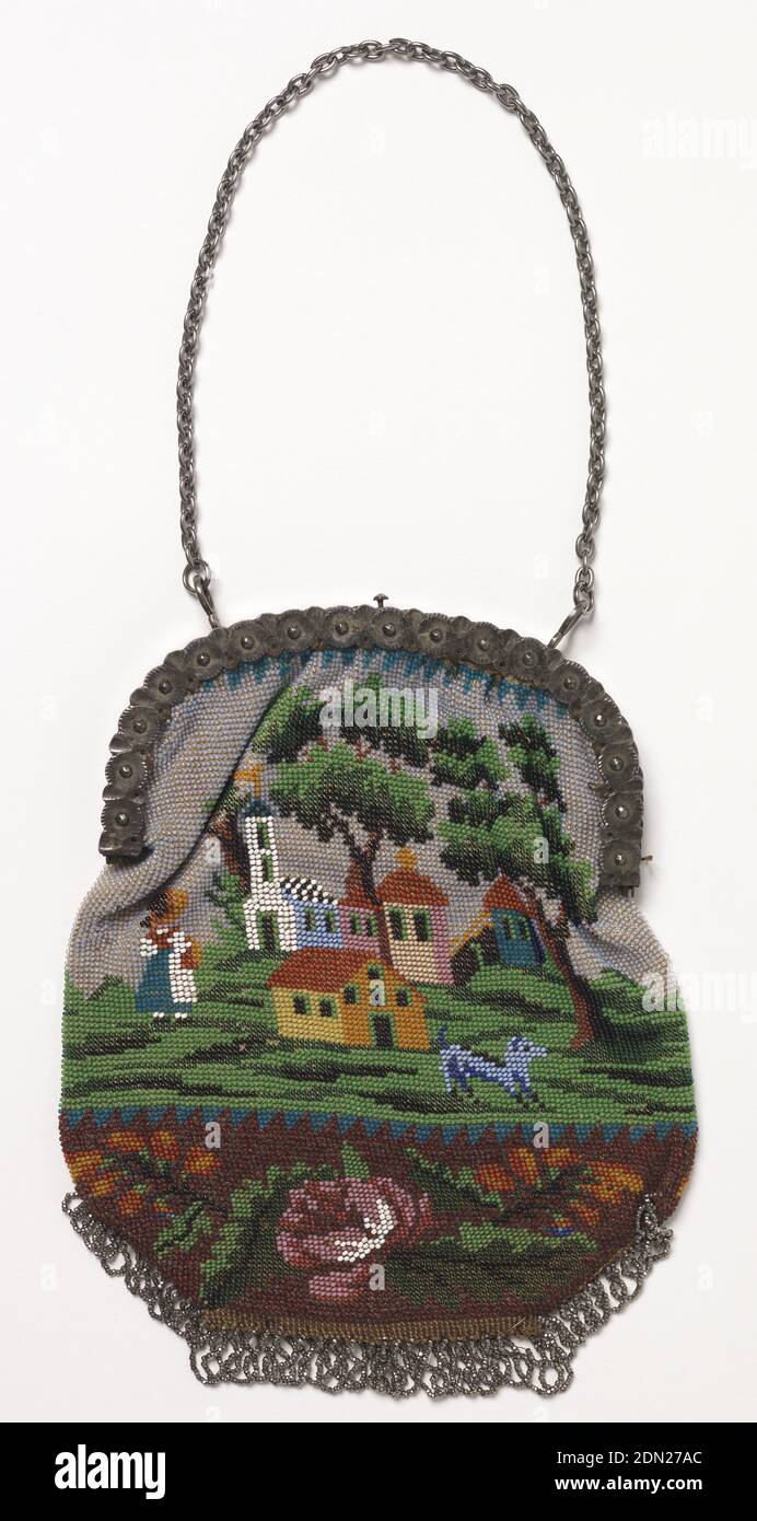 Bag, Medium: glass beads, steel beads, steel frame Technique: beaded knitting, Flat bag with landscapes and a floral band at the bottom. Steel frame with chain and steel fringe at lower edge. White silk lining., USA, early 19th century, costume & accessories, Bag Stock Photo