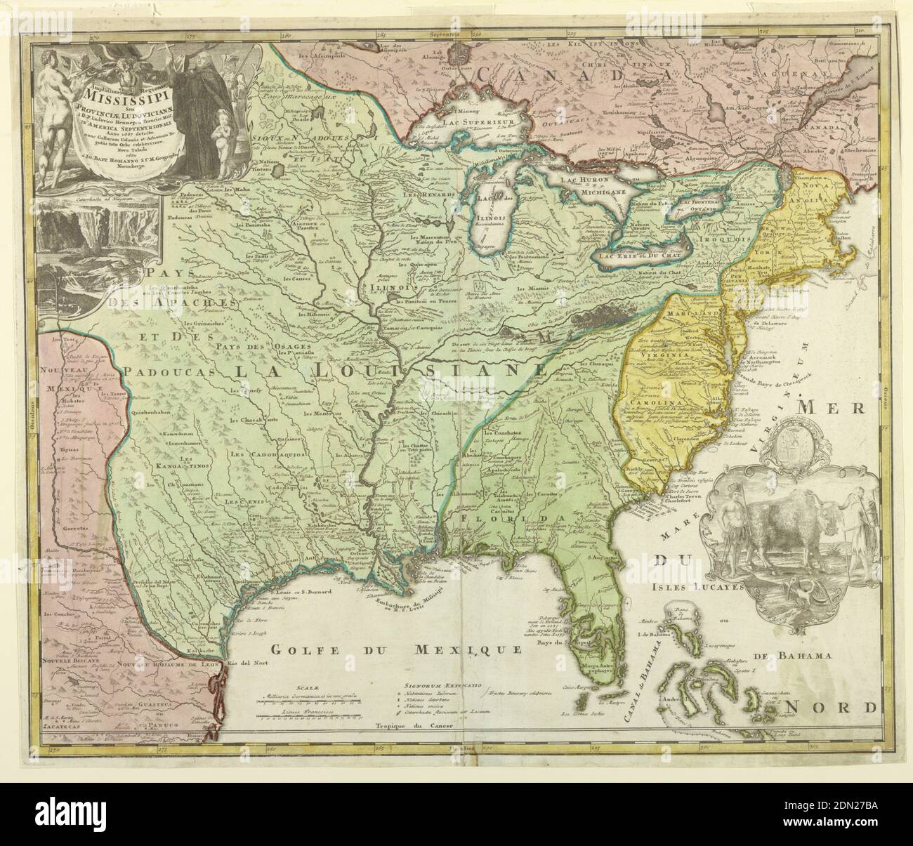Map of Louisiana (Mississippi), Johann Baptista Homann, 1664 – 1724, Etching and engraving, hand-colored, on white laid paper, Map of Louisiana shows the Eastern part of the United States up to Canada; different colors are used for Louisiana (green), Eastern States (yellow), New Mexico (pink) and Canada (pink). On upper left corner, title of map embellished with an allegorical figure; below view of Niagara Falls. In lower right corner, a vignette with the coat-of-arms of Lns. Gall Societatis Indiae Occidentalis and below and Indian man and woman with a bull. Germany, after 1718 Stock Photo