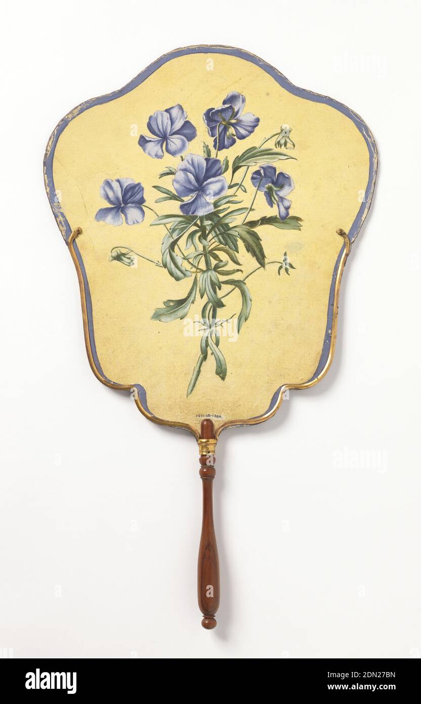 Handscreen, Painted paper leaf, turned wood handle, Paper handscreen painted with a scene of four children playing 'blind man's bluff' inside a Rococo cartouche. Mounted on a turned wood handle. Verso: purple flowers painted on a yellow ground., possibly France, mid-18th century, costume & accessories, Handscreen Stock Photo