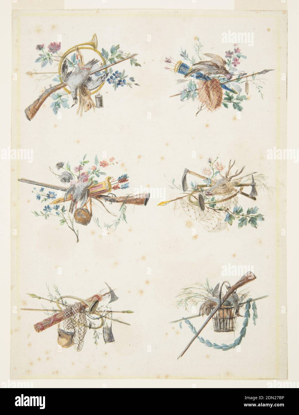 Designs for Six Trophies Composed of Hunting Attributes, Pierre Ranson, French, 1736–1786, Brush and gouache, white heightening, pen and black ink, graphite on cream paper, Six designs for hunting trophies. Upper left: French horn, rifle, dead pheasant and rabbit, along with wild flowers; upper right: arrows, blue quiver, a live pheasant, and wild flowers; center left: pink and gold quiver with arrows, a rifle, and hanging canteen, and a bird, surrounded by wild flowers; center right: stag’s head, pickaxes, an arrow, a French horn, a net, and some wild flowers; lower left: pickaxe and fasces Stock Photo