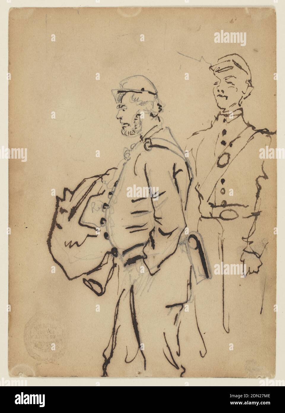 Sketches of Soldiers, Winslow Homer, American, 1836–1910, Graphite, heightened with pen and ink on pasteboard, Recto: Vertical view of two soldiers, shown in three-quarter length, with color notations., Verso: Slight sketches in graphite, including one of soldier resting on a rifle with fixed bayonet., USA, 1862, figures, Drawing Stock Photo