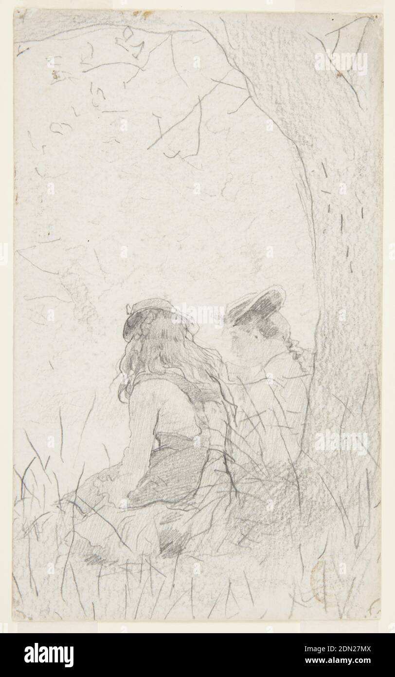 Two Girls Seated on a Bank, Winslow Homer, American, 1836–1910, Graphite on heavy off-white wove paper, Two girls, viewed from behind, sit in the shadow under a tree., USA, 1879, figures, Drawing Stock Photo