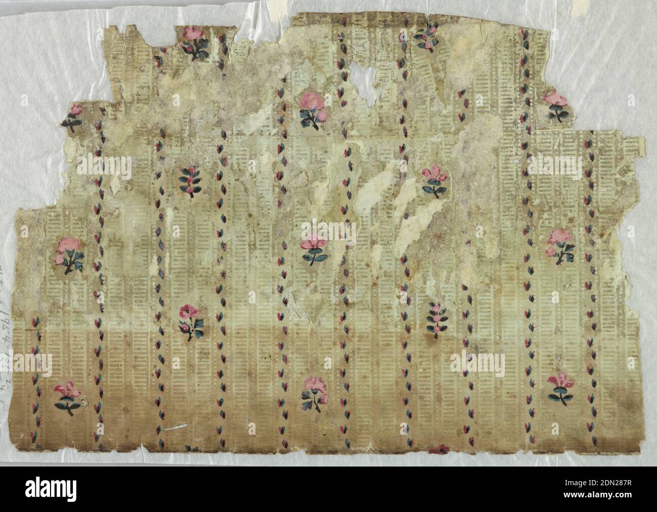 Sidewall - fragment, Block-printed on handmade paper, Double rows of pale green vertical ladder stripes bordered by columns of green and red sprigs. Along every other vertical double row is placed a widely spaced vertical series of small roses and other flowers. Irregular horizontal rectangle. Printed on neutral ground., France, 1770–75, Wallcoverings, Sidewall - fragment Stock Photo