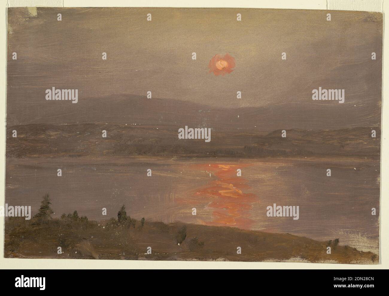 View Across the Hudson at Sunset, Frederic Edwin Church, American, 1826–1900, Oil on paperboard, One bank of the Hudson is shown in foreground with opposite bank in middle distance. The Catskills are seen in the background. The setting sun is veiled by clouds and reflected in the water., USA, ca. 1890, landscapes, Drawing Stock Photo