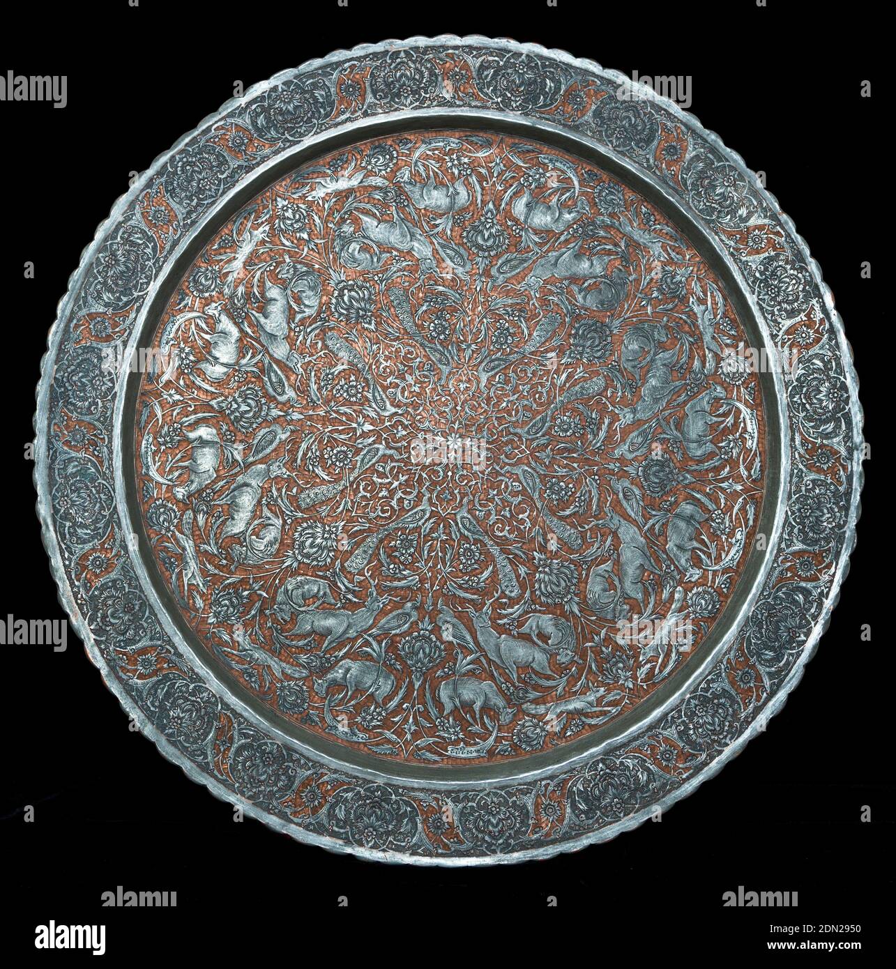 Engraved Iranian Tin on Copper Tray, Made in Esfahan, Iran, 1967-68. Stock Photo