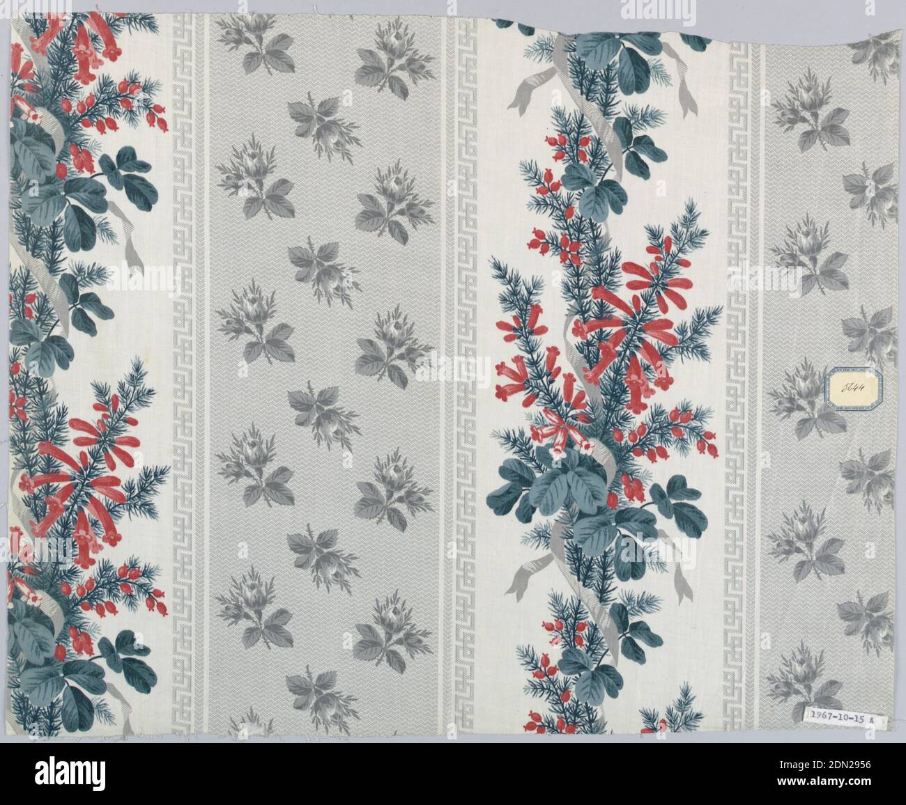 Textile, Schwartz-Huguenin, Medium: cotton Technique: printed by engraved roller on plain weave, A) Ground divided into broad stripes, one fancy ground of gray with small rosebuds in darker gray; broad white stripe with stiff green foliage bearing pink bell-shaped blossoms., B) Similar ground plan but with broad blue stripe made of diamond shapes., 1851–63, printed, dyed & painted textiles, Textile Stock Photo