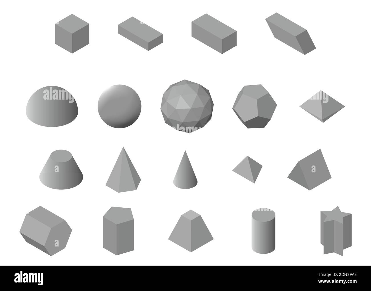 Set of isometric basic 3d shapes. Gray geometric solids isolated on white background. Vector illustration Stock Vector